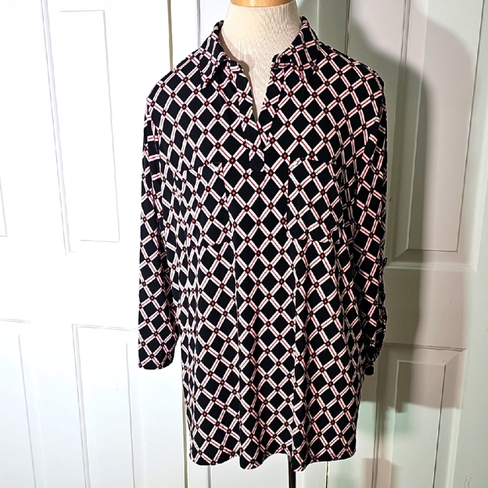 NY Collection Black‎ and White Casual Button Down Shirt